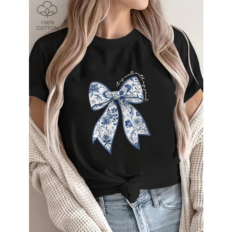 European Size Women's Butterfly Print T-Shirt - Casual Short Sleeve Top with Blue Floral Bow Design, Breathable Summer Tee