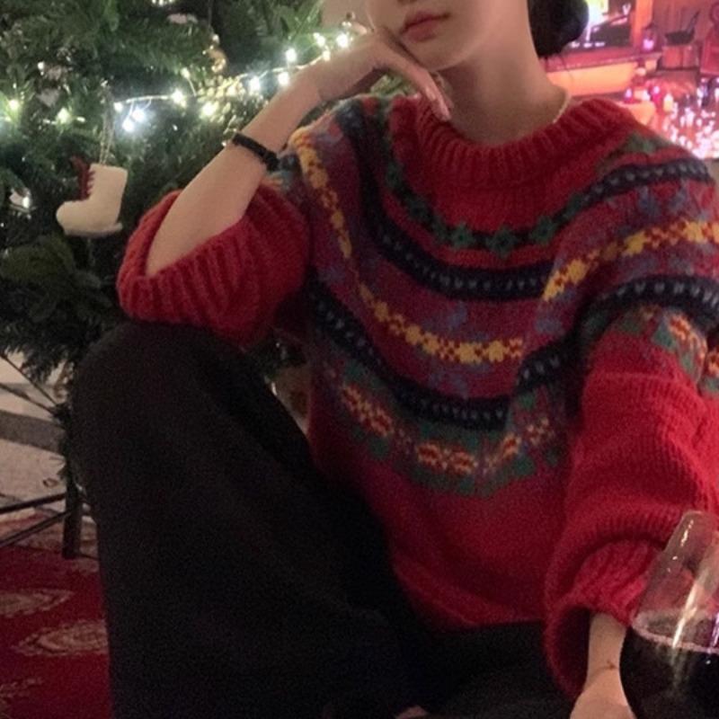 Fair Island New Red Vintage Christmas Sweater Women's Winter Loose Thick Lazy Wind Crew Neck Knitted Top New