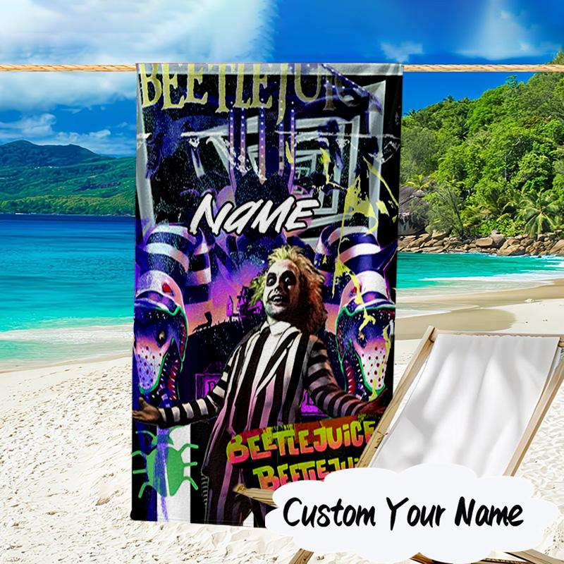 Custom Name Beetlejuice Horror Microfiber Beach Towel Super Soft & Absorbent for Bath, Beach, Travel Bath Time Accessory, Fan Gifts