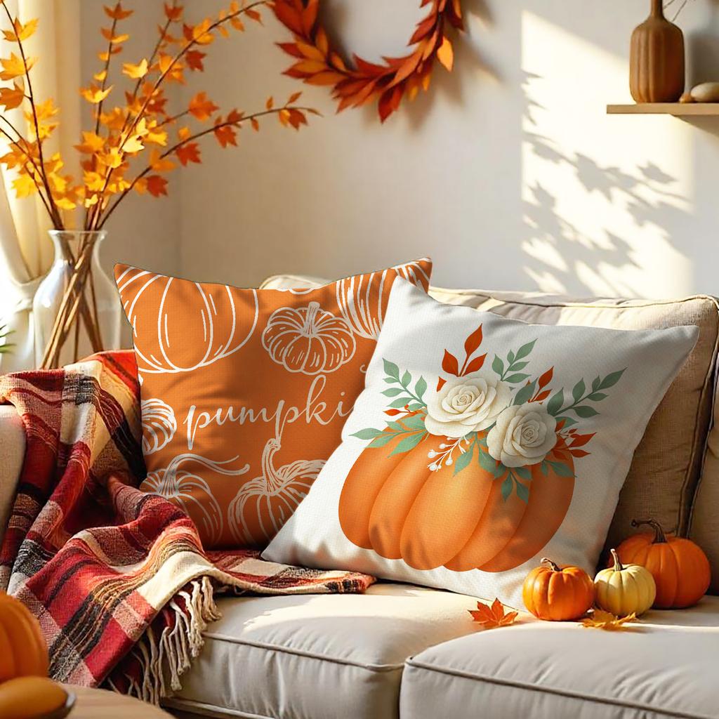 Thanksgiving Pillowcase Harvest Season Pumpkin Maple Leaf Print Linen Cushion Bedroom Sofa Car Cushion Cover
