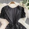 Summer Women Sweet Peter Pan Collar Black Sequined Diamonds Button Mini Short Fairy Princess Party Dresses