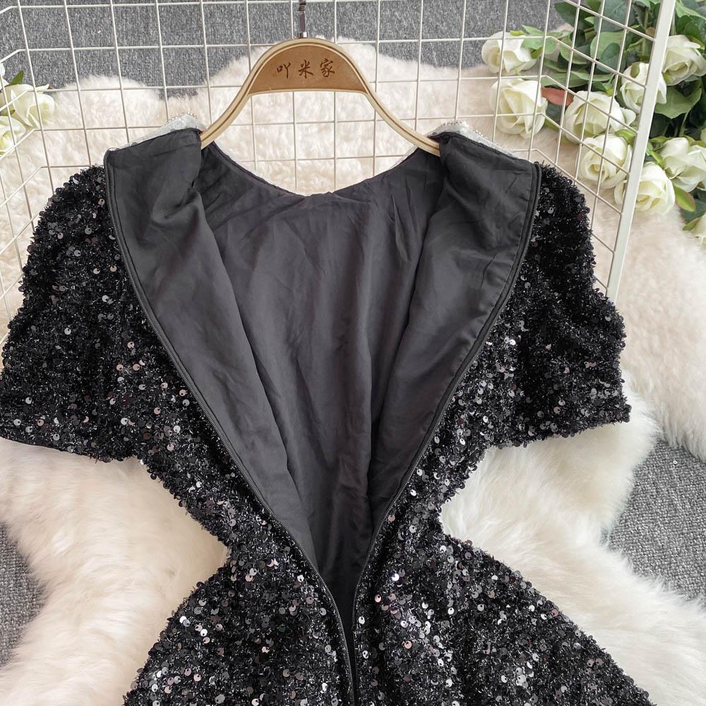 Summer Women Sweet Peter Pan Collar Black Sequined Diamonds Button Mini Short Fairy Princess Party Dresses