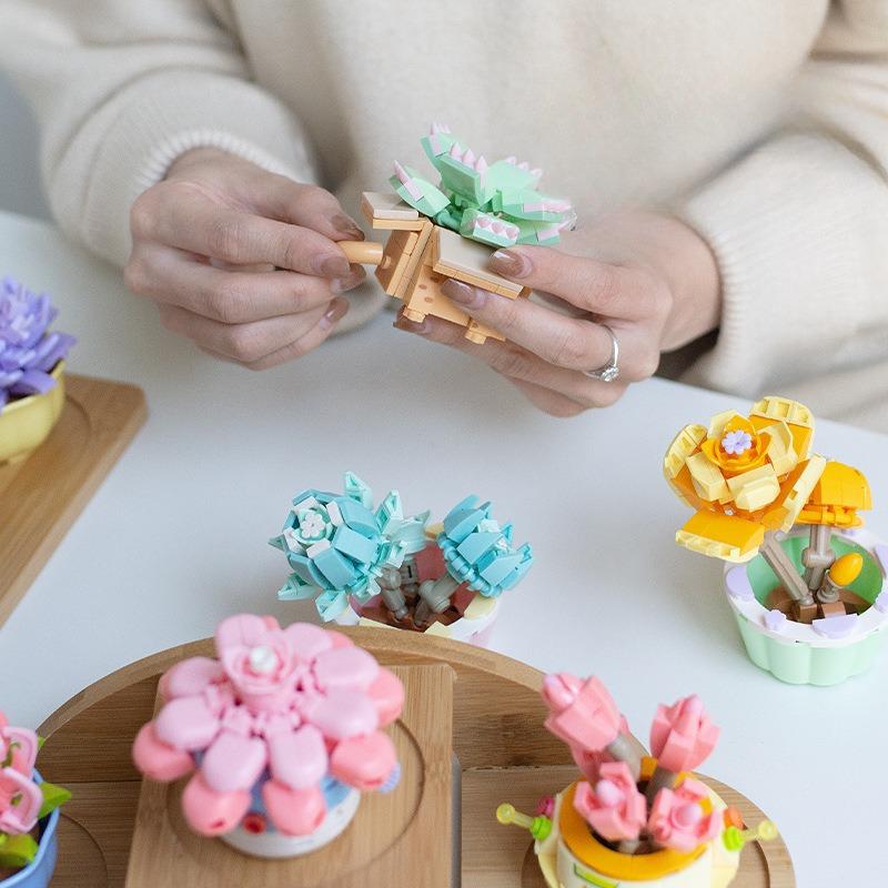 Block Flower Valentine's Day Multi -meat Potted Plastic Plasma Decoration Puzzle Assembly Building Block Toys