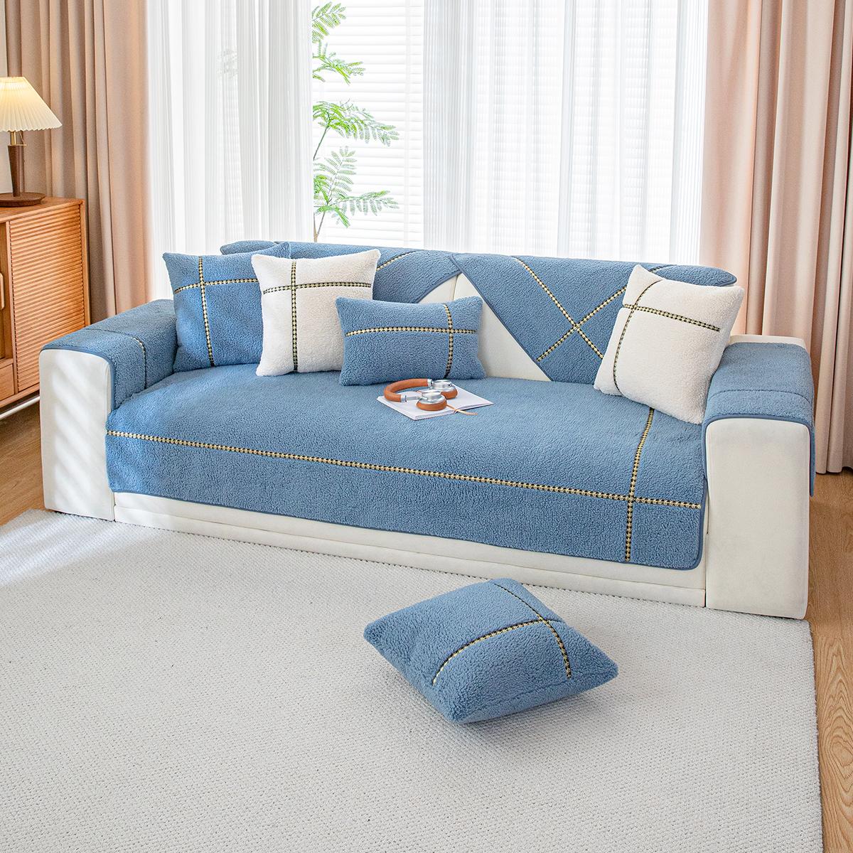

Утолщенный плюшевый чехол для дивана в скандинавском стиле, зимнее мягкое теплое полотенце для дивана, нескользящие L-образные универсальные чехлы для диванов для декора дивана в гостиной 70*70cm небесно-голубой