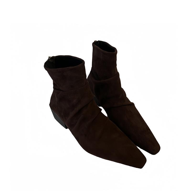 2025 nya matta mocka korta skaft franska veckade stapelstövlar dragkedja bak tjock klack mode retro western korta stövlar