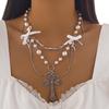 Accessories Punk Metal Cross Imitation Pearl Tassel Necklace, Sweet Cool Bow Necklace