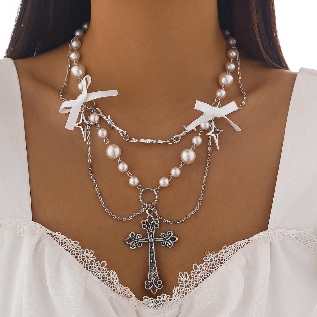 Accessories Punk Metal Cross Imitation Pearl Tassel Necklace, Sweet Cool Bow Necklace