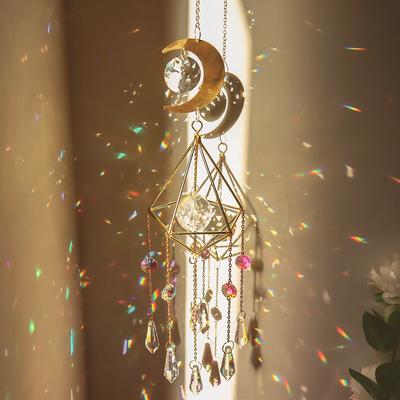 Crystal Wind Chime Star Moon Sun Catchers Windchimes Plated Colorful Beads Hanging Drop for Outdoor Indoor Garden Decor Craft