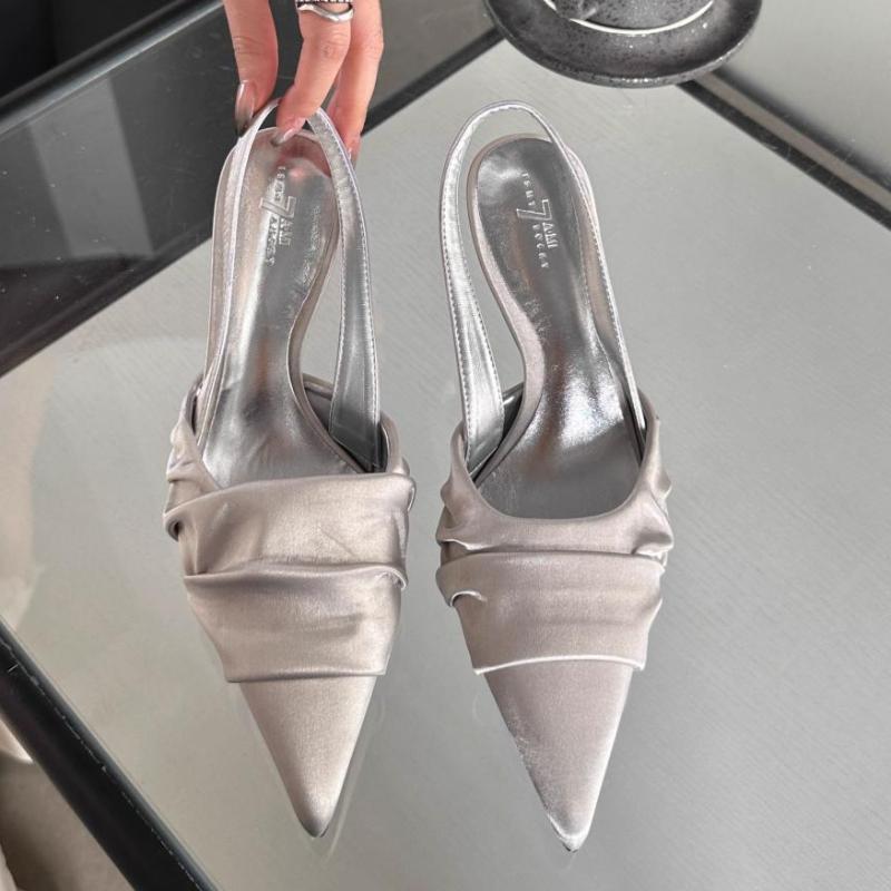 Women High Heel Sandals  Summer New Fashion Women Dress Black Leather Party Fine Pointed Toe Cap Toe Back Hollow Sandals