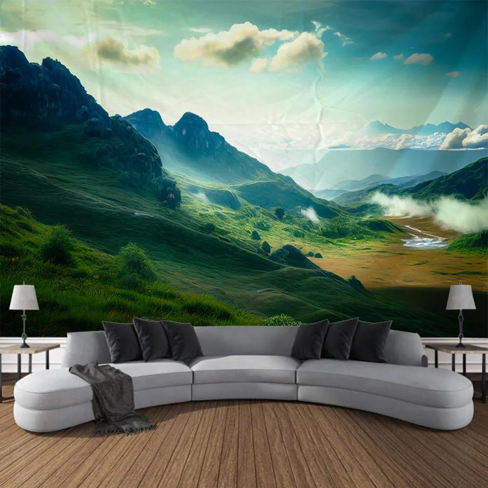 Dreamy Landscape Tapestry, Grassland Forest Wall Hanging Cloth, Living Room And Bedroom Background, Aesthetic Home Decoration