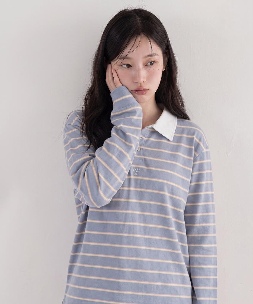 THE GREEN LAB Pinstripe Rugby T-Shirt [Light Blue]