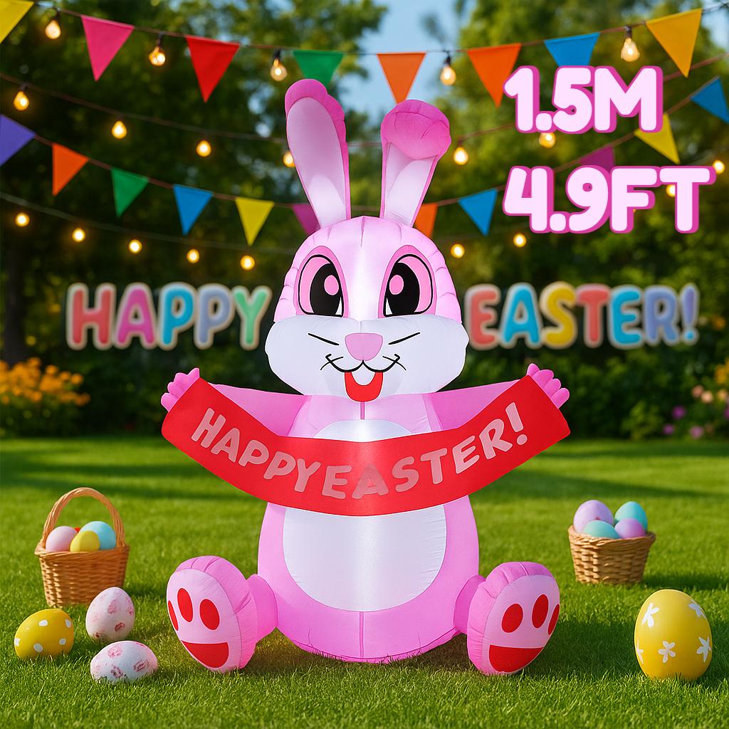 1.5M/4.9FT Easter DIY Inflatable Toy Rabbit Pulling Banner with LED Lights Outdoor Garden Yard Holiday Festival Decoration