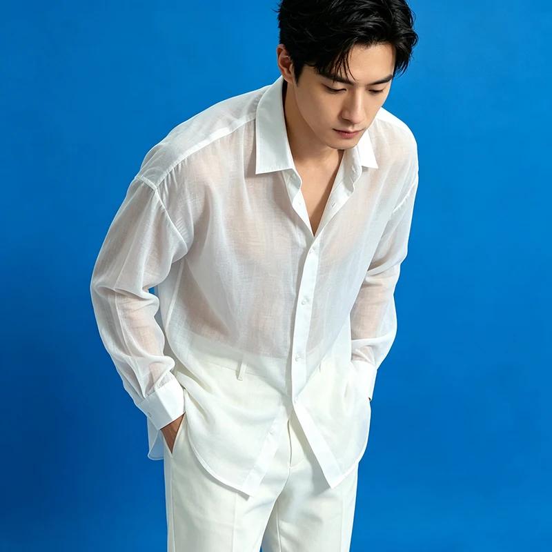 Street Style Handsome Blouse Loose Long Sleeve Shirt Ultra Thin Cool Breathable Unisex Luxury Casual Top Teen Student Shirts