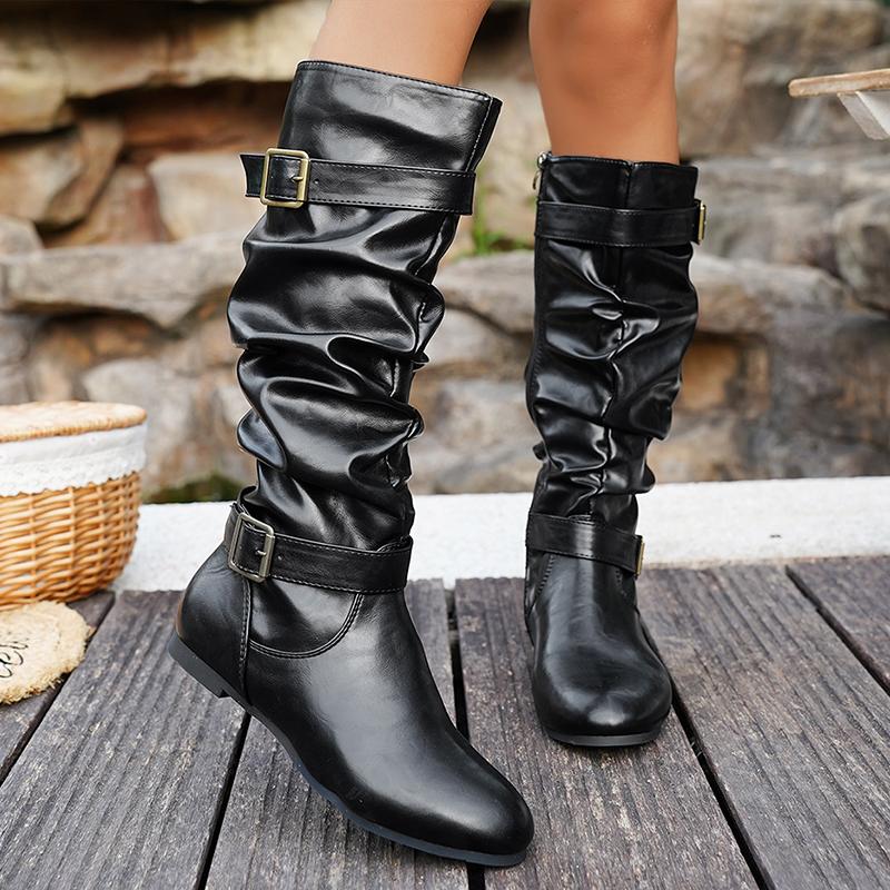 Fashion Pleated Design Flat Knee High Boots Women Retro Brown PU Leather Western Boots Woman Buckle Strap Decor Zipper Long Botas Mujer