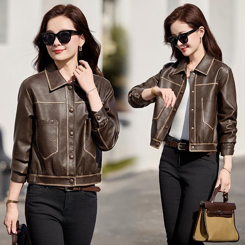 

Женская короткая кожаная мотоциклетная куртка с большими карманами - новый дизайн весна/осень 2025 (WA2508) XL (60-65 kg)