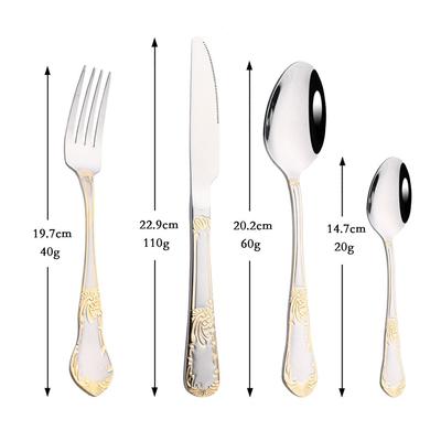 1 Set / 4 Stück vergoldetes Blumenmuster-Geschirr, Edelstahl-Geschirr, hochwertiges Messer, Gabel und Löffel, Besteck-Besteck-Set
