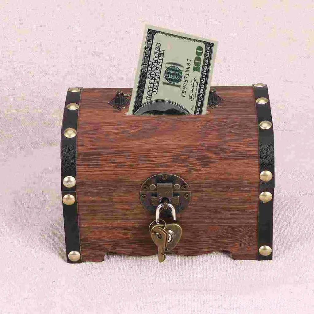 Box Wooden Treasure Bank Storage Chest Piggy Wood Vintage Money Coin Lock Boxes Jewelry Saving  Pirate Organizer Decorative Gift