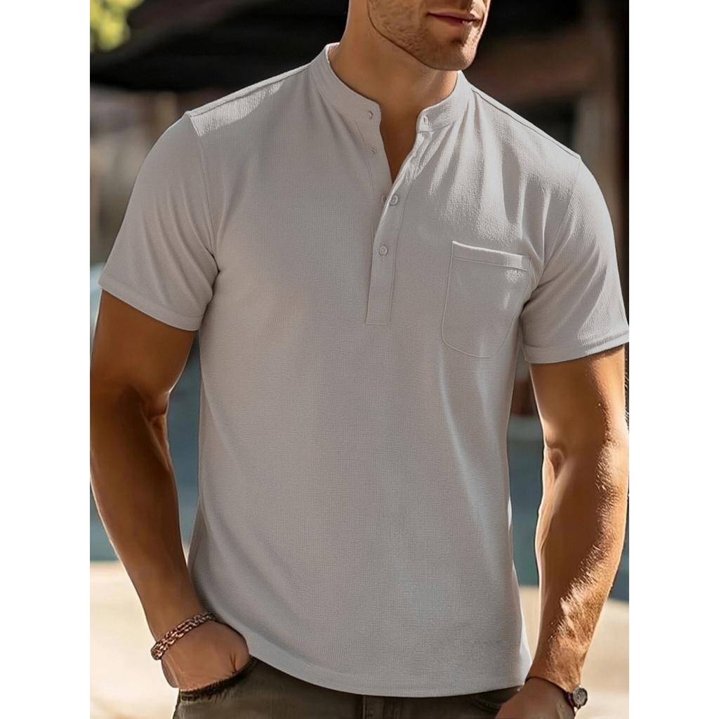 Men's Casual Fashionable -color Single-pocket Short-sleeved T-shirt - Men's Checkered Texture Stand-up Collar Short-sleeved T-shirt