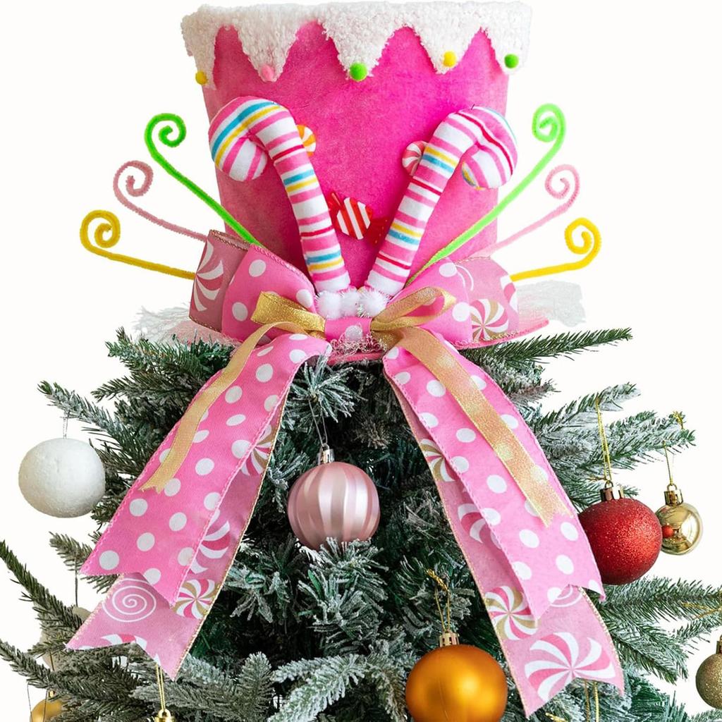 Christmas Tree Cap With Candy Cane Design, Fabric, With Wire Ribbon For Perfect Shaping And Decoration, One Size Fits All.