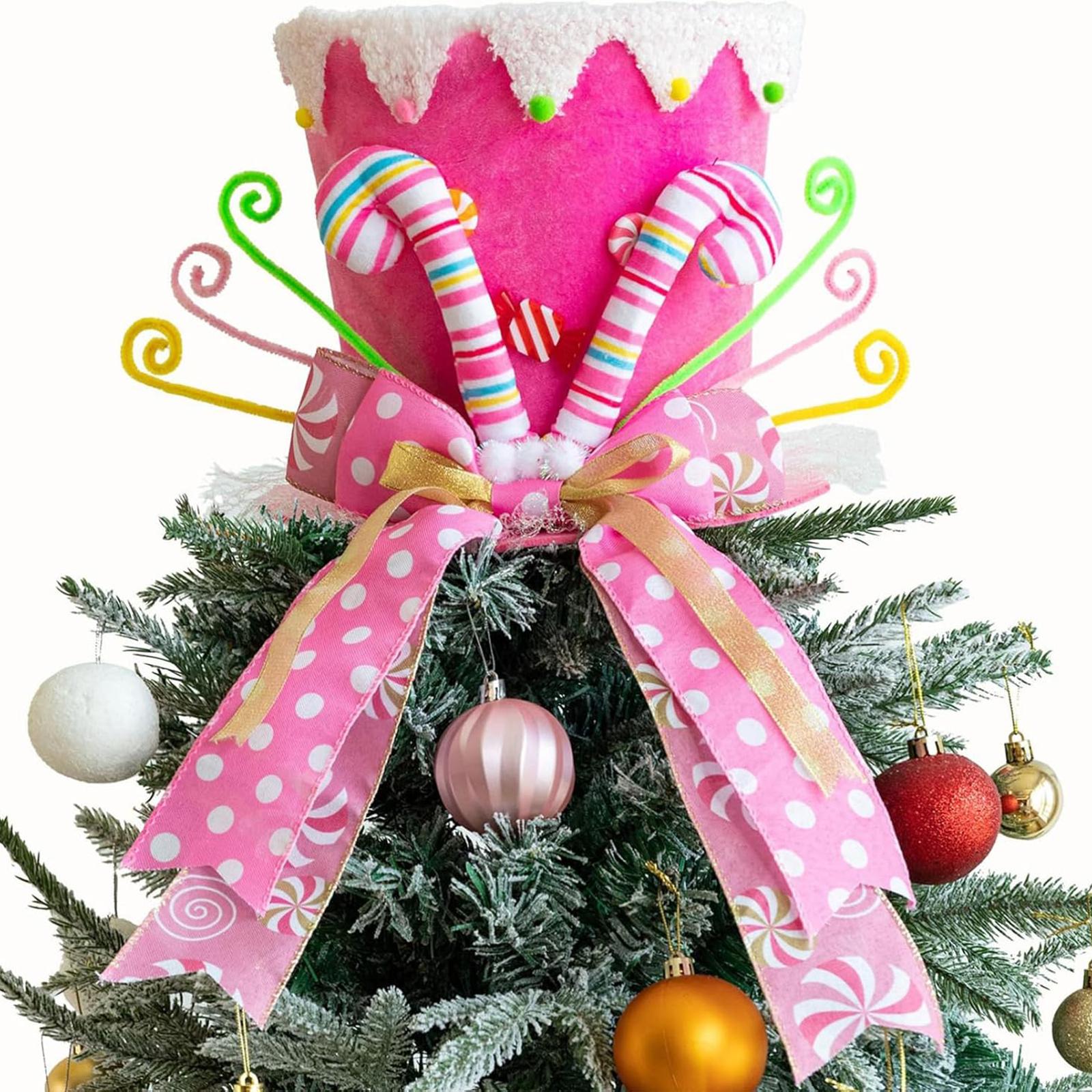 

Christmas Tree Cap With Candy Cane Design, Fabric, With Wire Ribbon For Perfect Shaping And Decoration, One Size Fits All. One Size