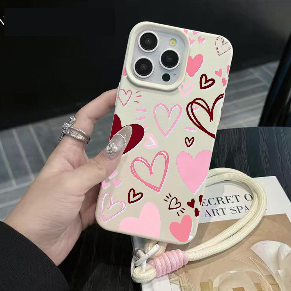 Fashion INS Y2K Love Heart Phone Chain Lanyard Case For iPhone 17 16 15 14 13 12 Pro Max 11 Plus Shockproof Lichee Pattern Funda