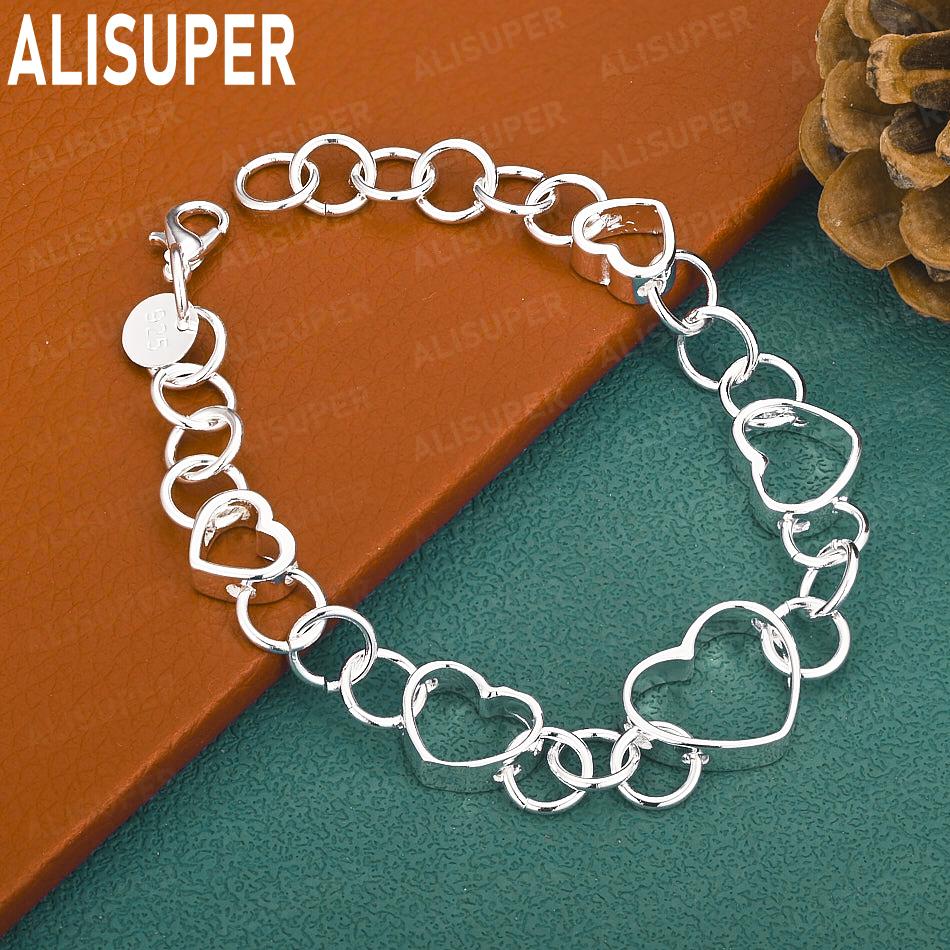 925 Sterling Silver Openwork Heart Side Chain Romantic Bracelet Gift Jewelry 20CM