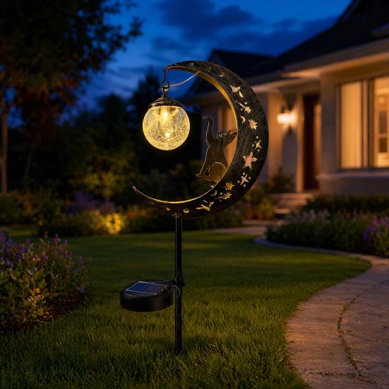 Solar Moon And Hummingbird Garden Light, Outdoor Cracked Glass Ball Stake Lamp for Yard, Waterproof Automatic LED Lighting for Patios Lawns