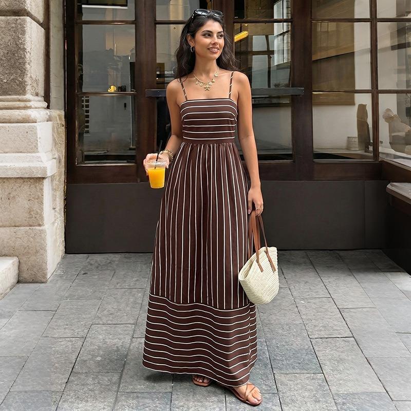 Women Striped Backless High Waist Suspender Maxi Casual Vacation Dress