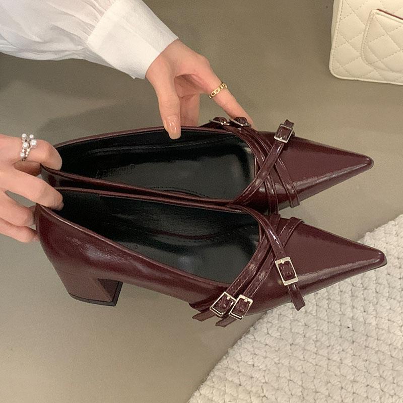 Fashion Buckle Fashion Pointed Toe Footwear Medium Heels Pumps Shoes For Women New In 2025 Female Slip On Shallow Ladies Heeled Shoes