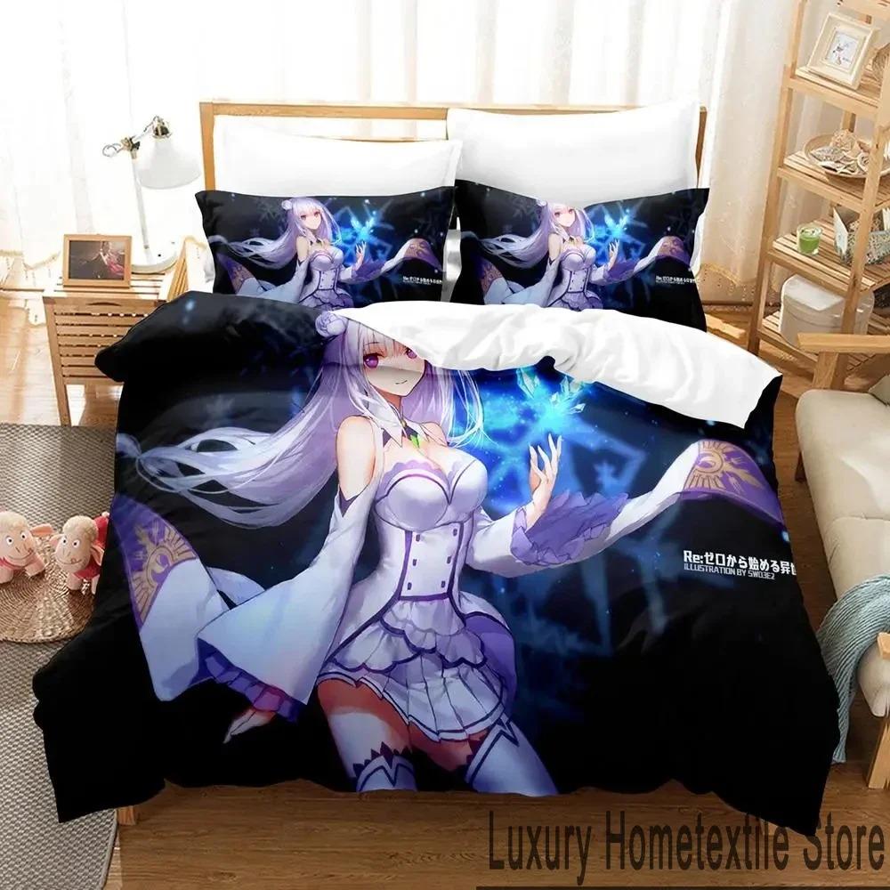 3D Anime Re Zero Rem Ram Emilia Bedding Set Duvet Cover Bed Set Quilt Cover Pillowcase Comforter King Queen Size Boys Adult