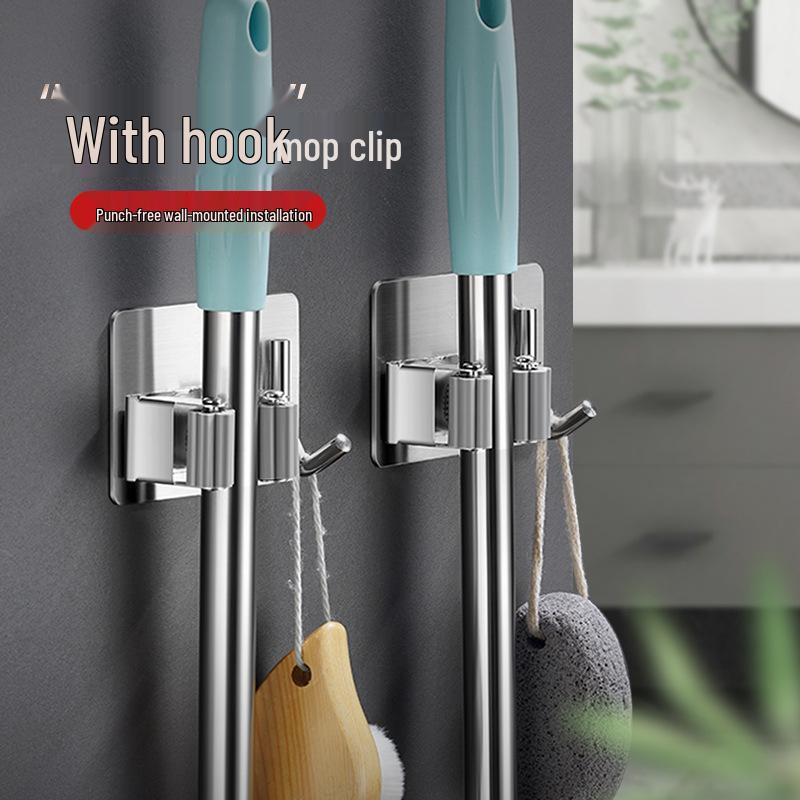 Stainless Steel No-Drill Mop & Broom Holder with Hooks - Wall-Mounted, Strong Adhesive Storage Clip