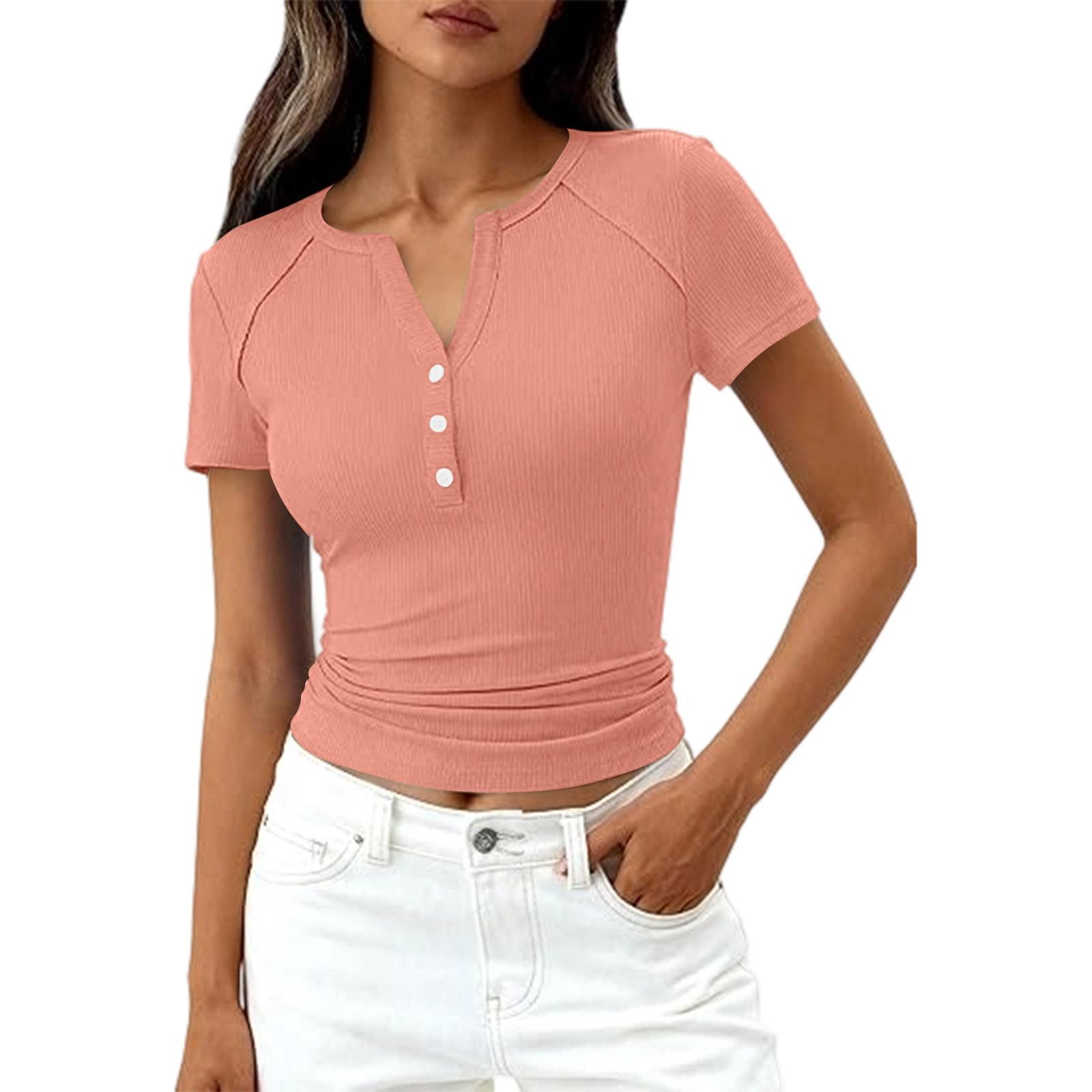 

Women s Fashion Casual Color New Short-Sleeved Decorative Button V-Neck T-Shirt Top XL кавун червоний колір