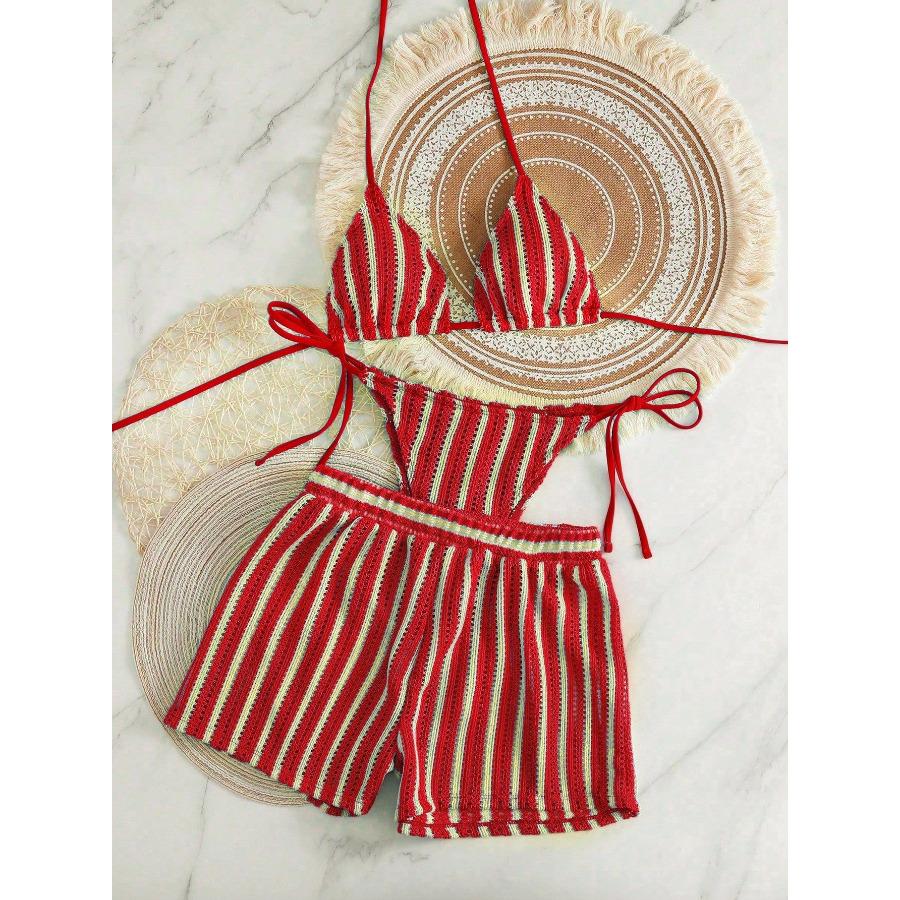 New Men's Swimwear 3 Piece Set Featuring Mesh Swim Trunks and Tie Side Bikini Briefs 0874
