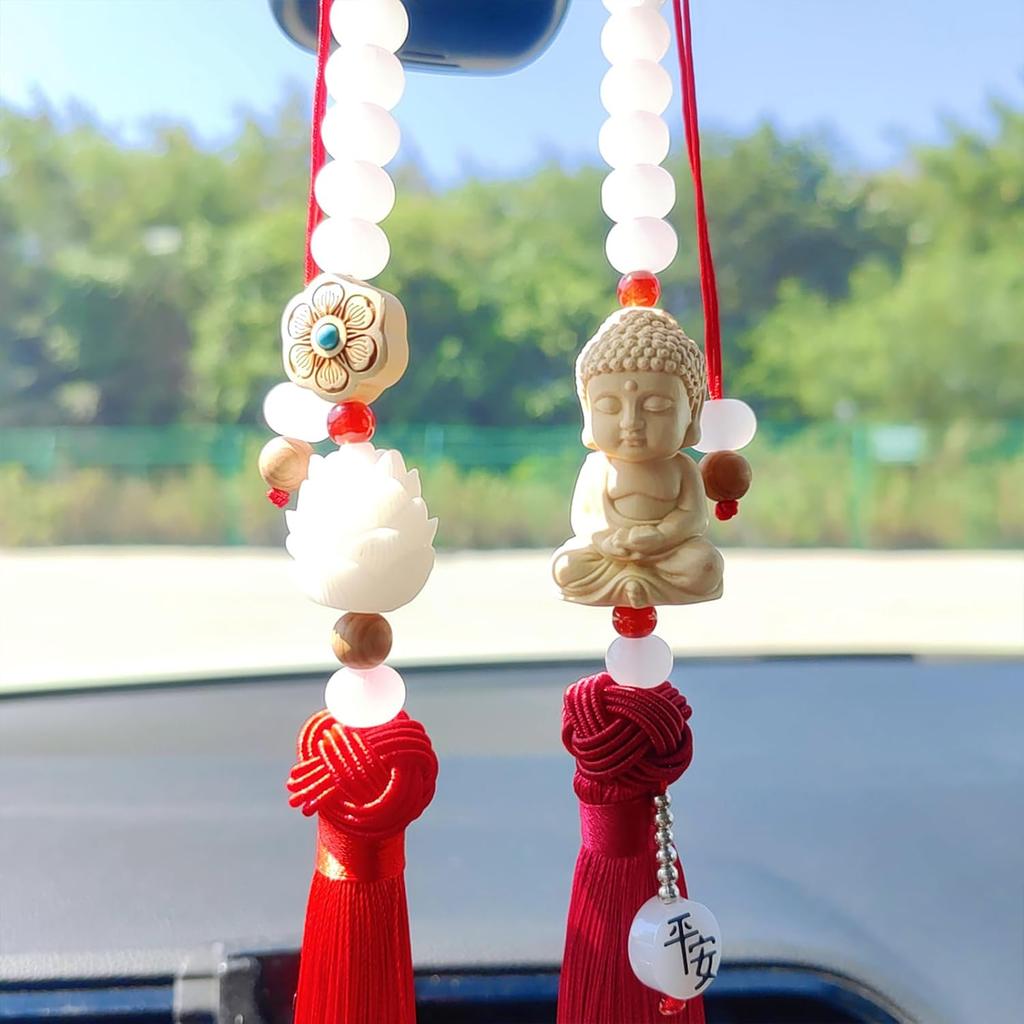 Buddha Rear View Mirror Accessories Hanging Charms, Tassels Car Hanging Ornament, Cute Car Accessories for Women/Men, Fo Bao Ping an