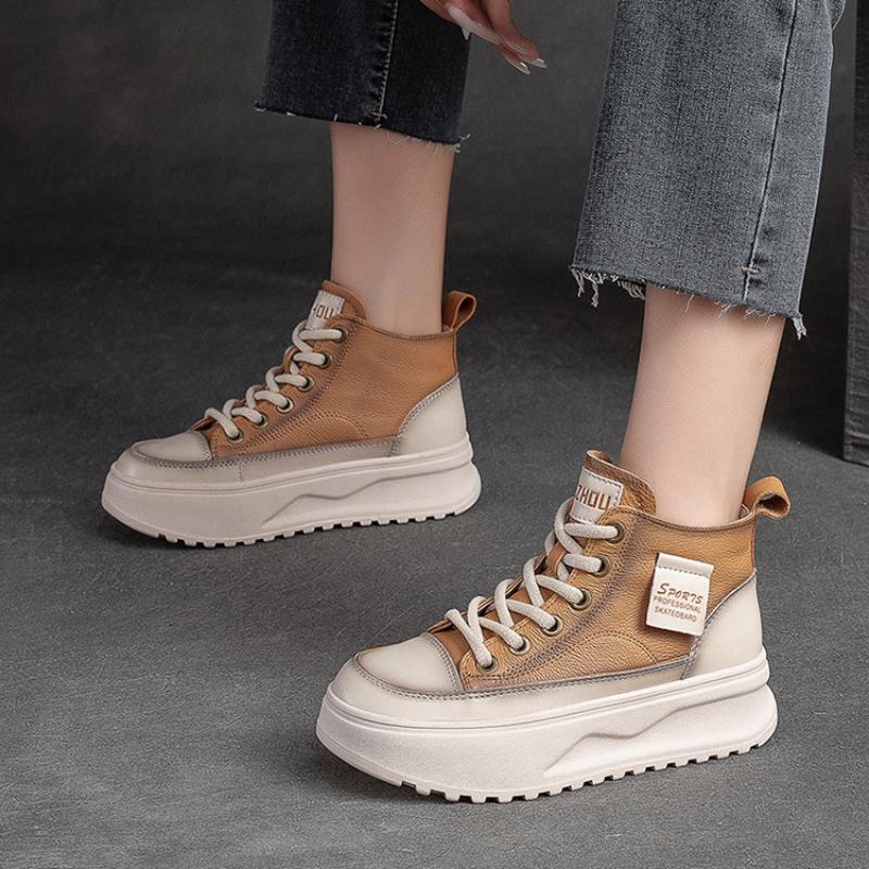 Johnature Flache Plateauschuhe aus echtem Leder zum Schnüren mit dicker Sohle, lässige, vielseitige Damenschuhe aus Rindsleder