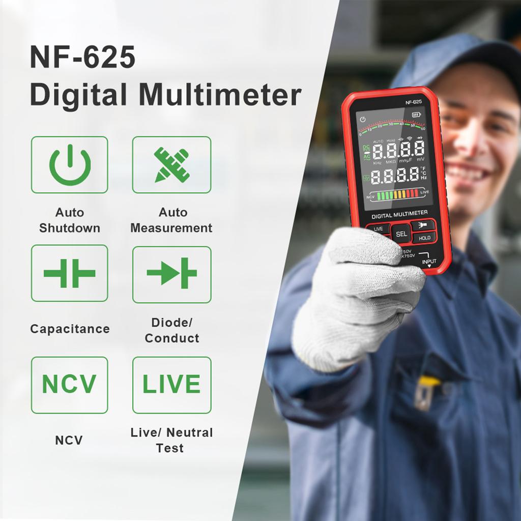 Smart Digital Multimeter, 6000 Counts, Rechargeable Multitester with Large LCD Display, ACDC