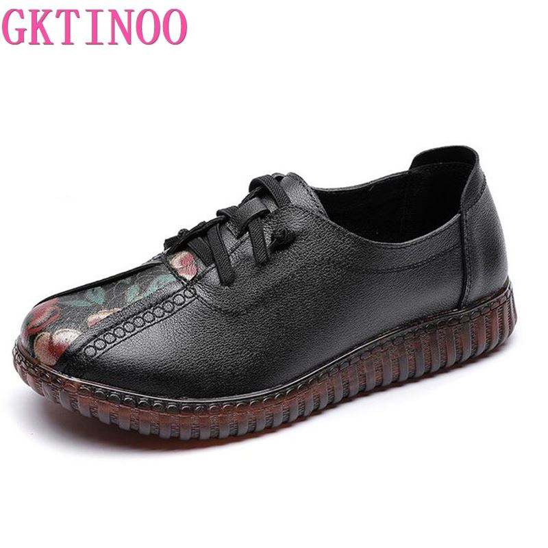 Fashion GKTINOO Genuine Leather Flat Shoes Woman Handmade Leather Loafers Flexible Spring Casual Shoes Woman Flats Zapatos Mujer