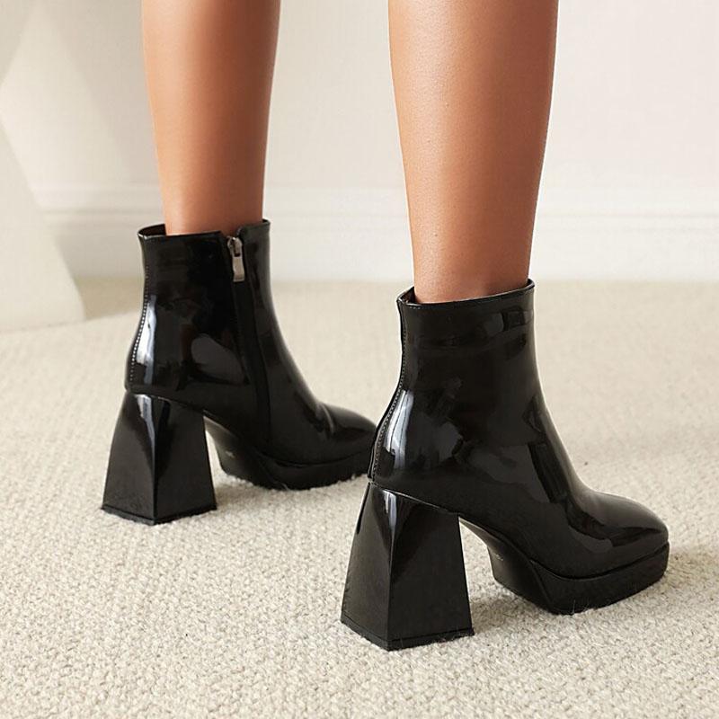 Bonbonfarbene Damenstiefel Kundenspezifische eckige Zehen Lackleder Hohe Absätze Stiefeletten Damen Plateau-Schuhe Winterpumps Botas WSH4986