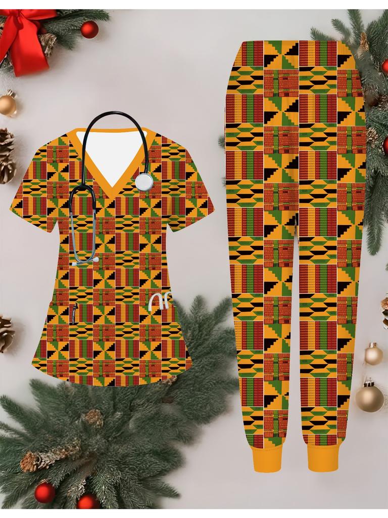 3D Retro Printed Women's Nurse Uniform Set Short Sleeve Long Pants with Pocket Casual Fashionable Christmas Gift