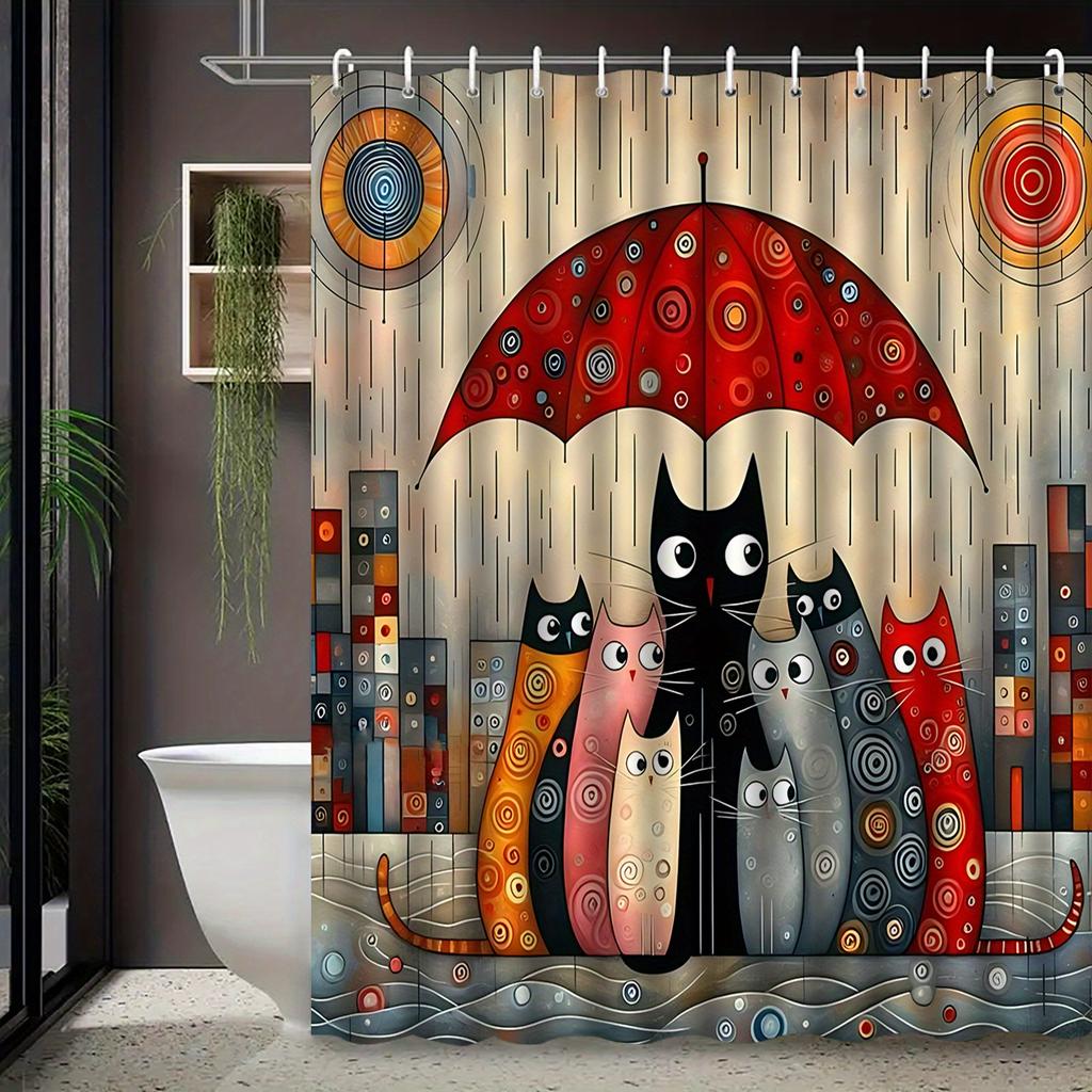 Whimsical Cat Umbrella Shower Curtain Waterproof Bathroom Decor Artistic Animal Print Liner for Modern Home Bathroom Accessories