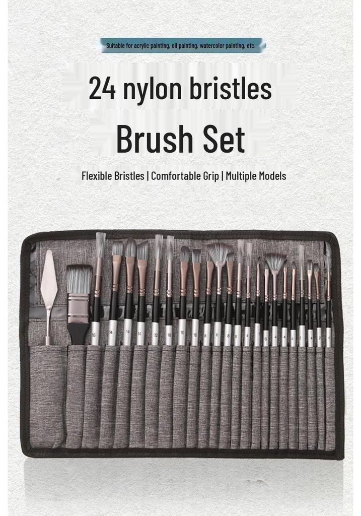 24-Piece Canvas Bag Oil Painting Brush Set with Nylon Silver-Gray Handles for Gouache and Watercolor