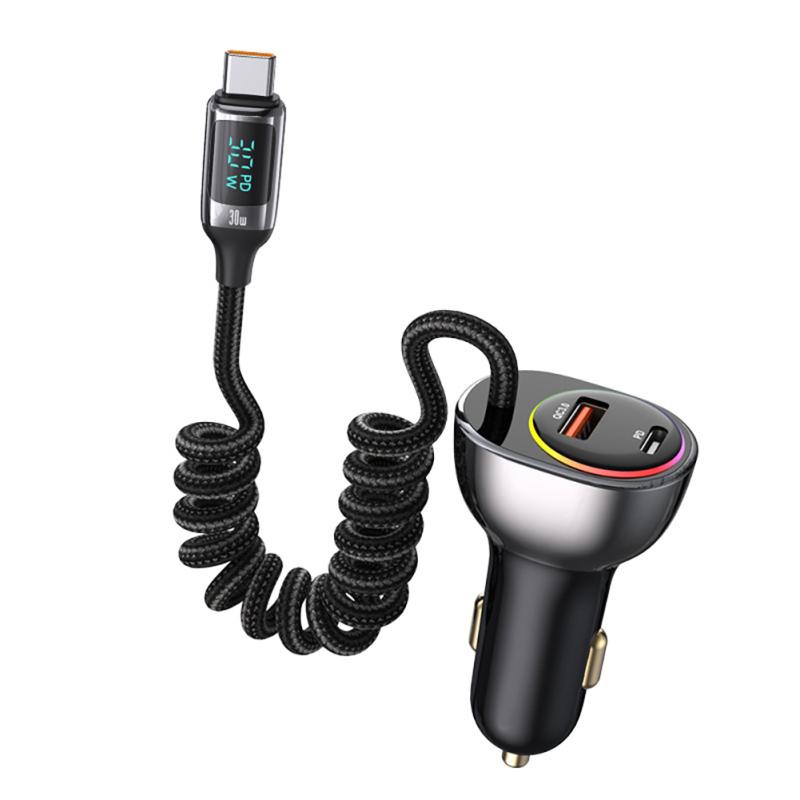 

Сверхбыстрое автомобильное зарядное устройство USB C, 60 Вт, со спиральным кабелем типа C, 3-портовое зарядное устройство USB для прикуривателя, с