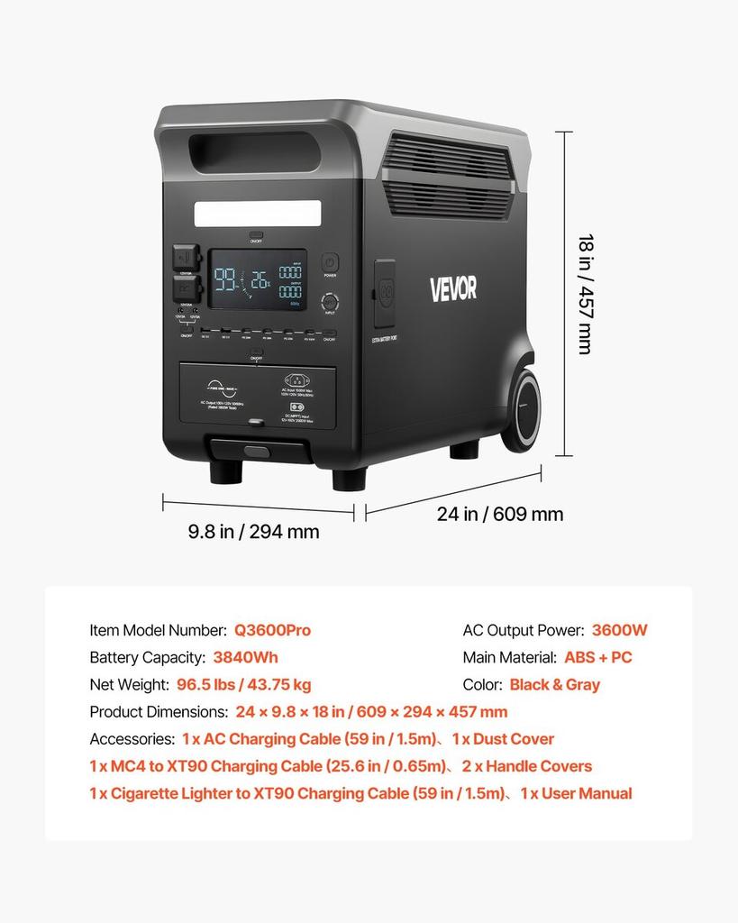 Przenośna stacja zasilania, 3600W 3840Wh Stacja zasilania Generator słoneczny z 10 portami wyjściowymi i regulowaną mocą wejściową, Rozszerzalna bateria zapasowa LiFePO4