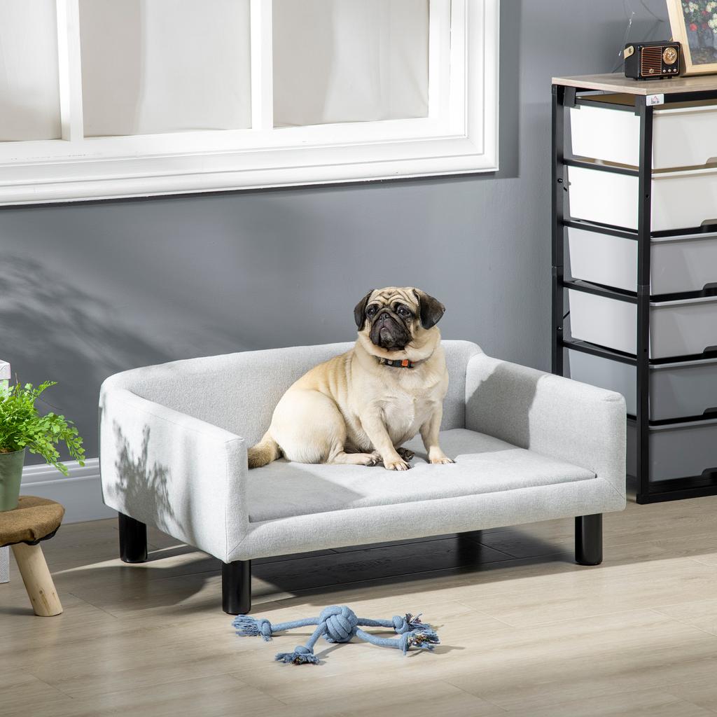 Velvet Dog Sofa for Medium and Small Dogs with Cushion, Armrests and Backrest, 82x54x36 Cm, Light Grey