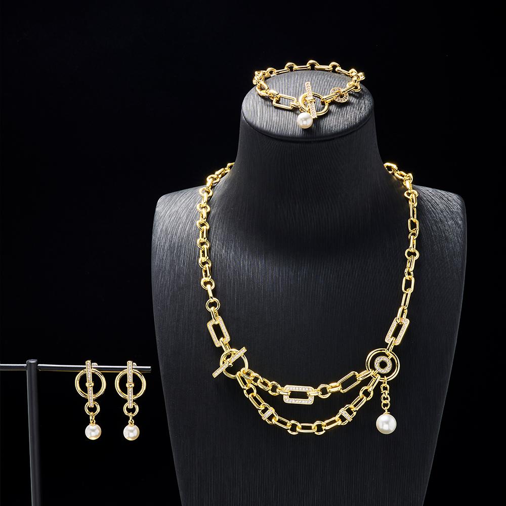 014095 Women Cuban Chain Jewelry Sets Double Link Pendant with Pearl Necklace Cubic Zirconia Hip Hop Fashion Charm Gift Jewelry золотой
