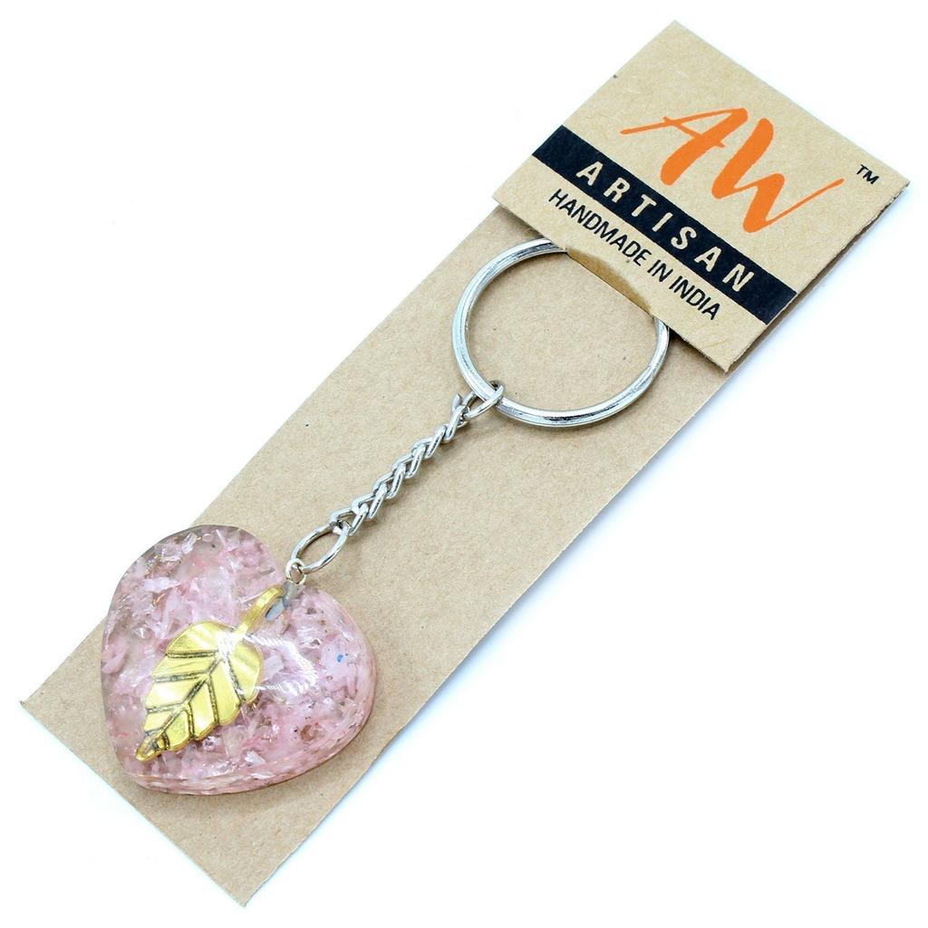 Orgonite Keychain Rose Quartz Heart Golden Leaf