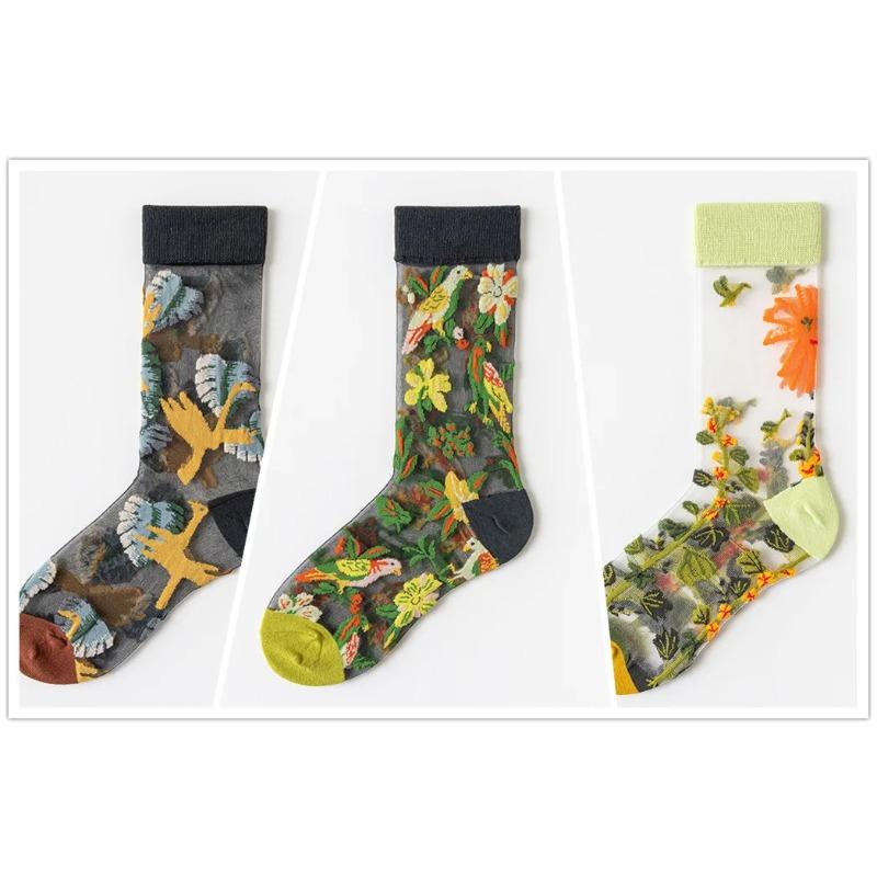 3 Pares Nuevos Set de Calcetines Transparentes Lindos de Gato para Mujer Coreanos Florales Animales Verano Delgados Kawaii Set de Calcetines de Seda para Mujer