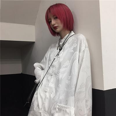 Camisa blanca y negra Vintage Y2k para mujer, blusa holgada con estampado de dragón, ropa de calle Harajuku, hebilla de cuello levantado de estilo chino