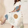 Women Plus Size Round Neck Short Sleeve Tie Dye Printed Blue White A Line Long Dress