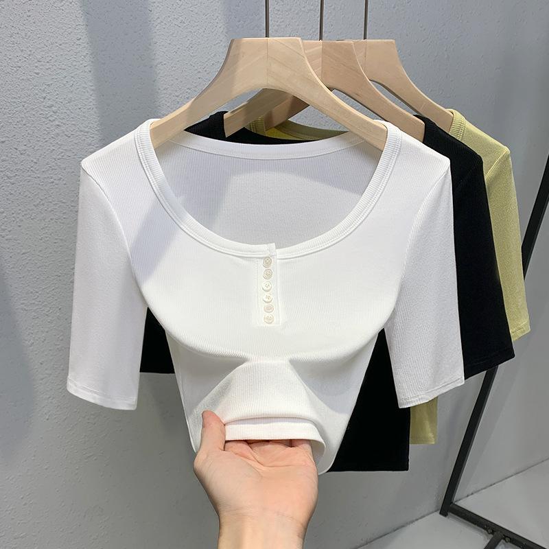 Damska Nowa Odzież Damska T-shirt z Okrągłym Dekoltem i Rękawami do Połowy Długości Prosty Top z Guzikami w Talii